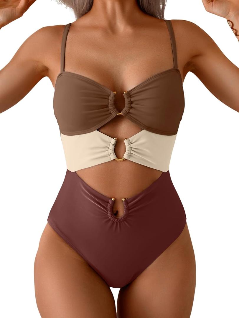 Eomenie One Piece Swimsuit for Women Ring Linked Monokini Sexy Bathing Suit Cutout Swim Suit (Medium, Dark Brown Color Block)