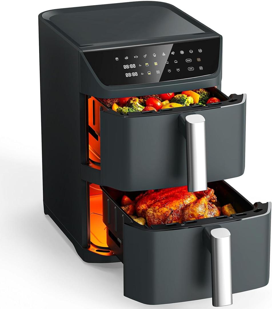 Dual Basket Air Fryer, 12.6QT Family-Size for 10–12 People, XL Basket for 6LB Whole Chicken, DoubleStack Compact Design, 10-in-1 Functions with Reheat, Dehydrate & SyncFinish, Dishwasher-Safe, Black, 6 quarts per layer