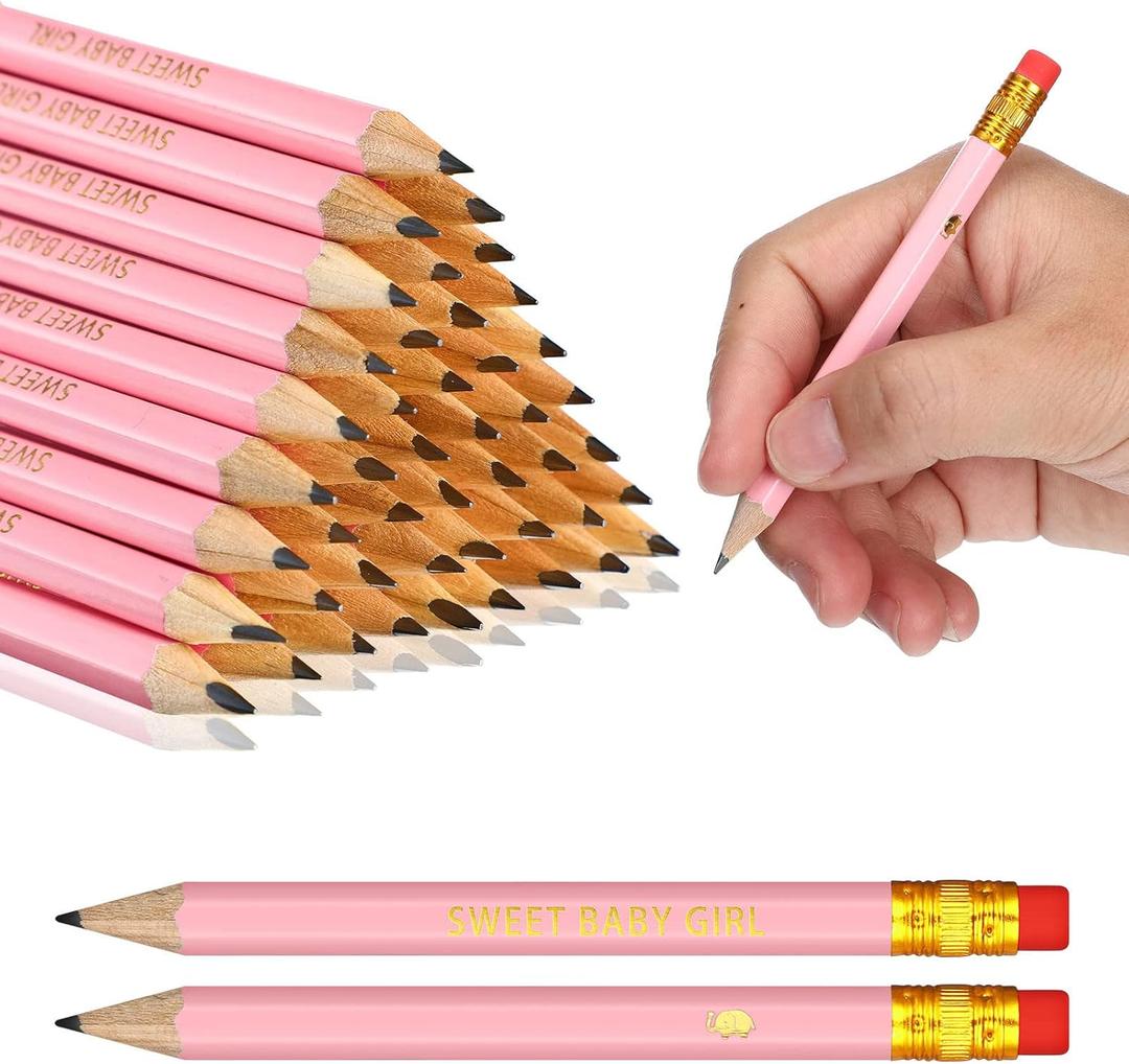 Nezyo 50 Pieces Baby Shower Half Pencils 4 Inch Mini Presharpened Golf Pencils with Erasers for Office Party Game Supplies(Sweet Baby Girl)