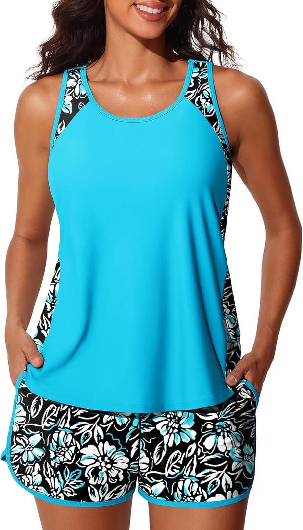 Summer Mae Blouson Tankini Swimsuits for Women 2026 Tummy Control Two Piece Bathing Suits with Sporty Pockets Swim Shorts (Blue) Size 18 Plus