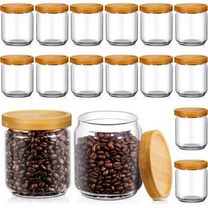 Irenare 16 Pack Glass Containers Canister Set, 17 oz Food Storage Spice Jars with Airtight Lids, Clear Kitchen Containers for Coffee Sugar Tea Beans Nuts Candy Pantry Organization (Bamboo)
