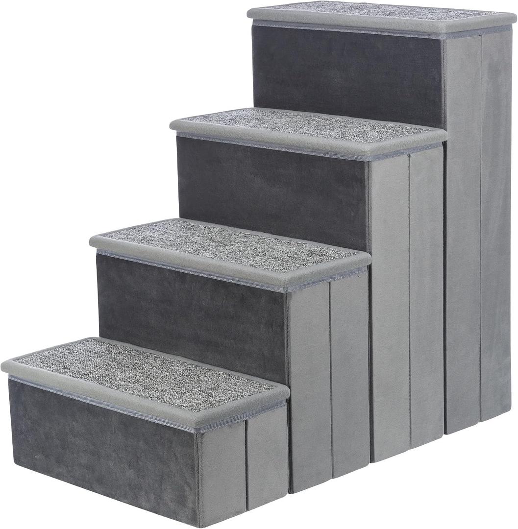Trixie Velour Dog Stairs with Tread Steps - 4 Step Pet Stairs for Beds and Couches - Foldable with Additional Storage Space - Gray