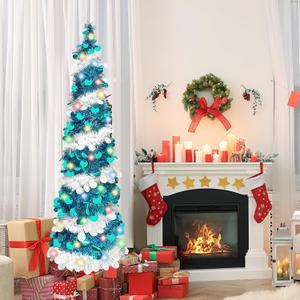QBA 5FT Pop Up Christmas Tree with 90 Colorful Lights, Collapsible Tinsel Christmas Tree Skinny Pencil Christmas Trees for Home Fireplace Porch Party, Spiral Blue White