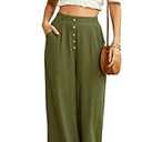 SVALIY Women Flowy Pants Cotton Linen Wide Leg Palazzo Pants Long Lounge Slacks High Waist Button Trousers Pocket Green Army XL