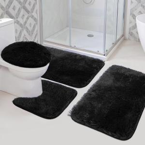 Bathroom Rugs Sets 4 Piece with Toilet Lid Cover Black, 4 Pieces Bath Mats. 2 bath mat ( 20"x32"+16"x24" ), 1 u shaped toilet mat ( 16"x20" ) and 1 toilet lid cover (18"x20" )