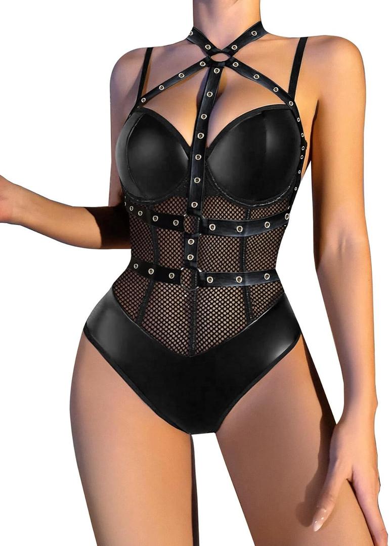Lilosy Sexy Crisscross Choker Leather Pu Underwire Babydoll Women Harness Teddy Bodysuit Nightshirt One Piece (Fishnet Black)