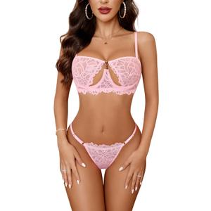 Avidlove Lingerie for Women Sexy Lace Bra and Panty Set Underwire Push Up Lingerie Sets Demi Half Cup Pink S