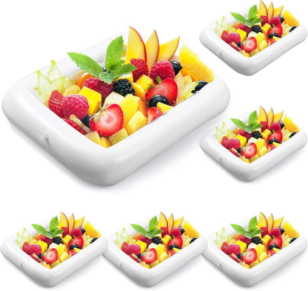 Lenwen 6 Pcs Inflatable Serving Bar Salad Ice Tray Food Drink Containers Buffet Serving Cooler Beverage Tub Ice Holder for BBQ Picnic Pool Party Supplies with Drain Plug, 28 x 22 Inch(White)