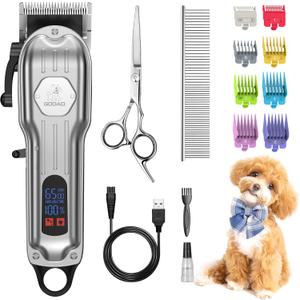 Dog Grooming Kit for Heavy Thick Hair & Coats, Low Noise Dog Hair Trimmer, Rechargeable Cordless Pet Shaver with Stainless Steel Blade, Dog Clippers for Grooming for Small Large Dogs Pets (Sliver)