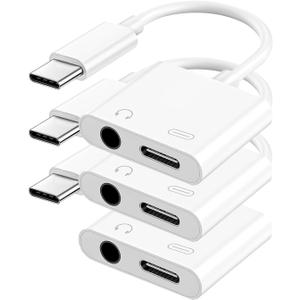 USB C to 3.5mm Headphone and Charger Adapter, Type C to Aux Jack Dongle Cable Cord with PD Fast Charging for iPhone 15/16/17 Pro/Max/Plus, iPad, Samsung Galaxy S23/S24 Ultra, Note 20 (3-Pack) (White)