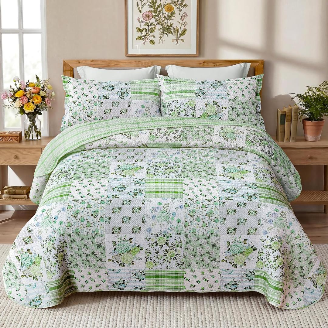 Green Patchwork Queen Quilt Floral Queen Size Quilt 3 Pieces Full Bedding Set Reversible Soft Lightweight Bedspread Coverlet for All Season, 90"x96" (1 Quilt, 2 Pillow Shams)