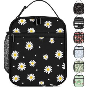 Lunch Box Girls Insulated Lunch Bag for Kids, Black Daisy Flower | Reusable Lunchbox, Lunch Tote Bag, Water Bottle Holder, Leak-Proof Lining, Lightweight, Portable, For School Office Picnic