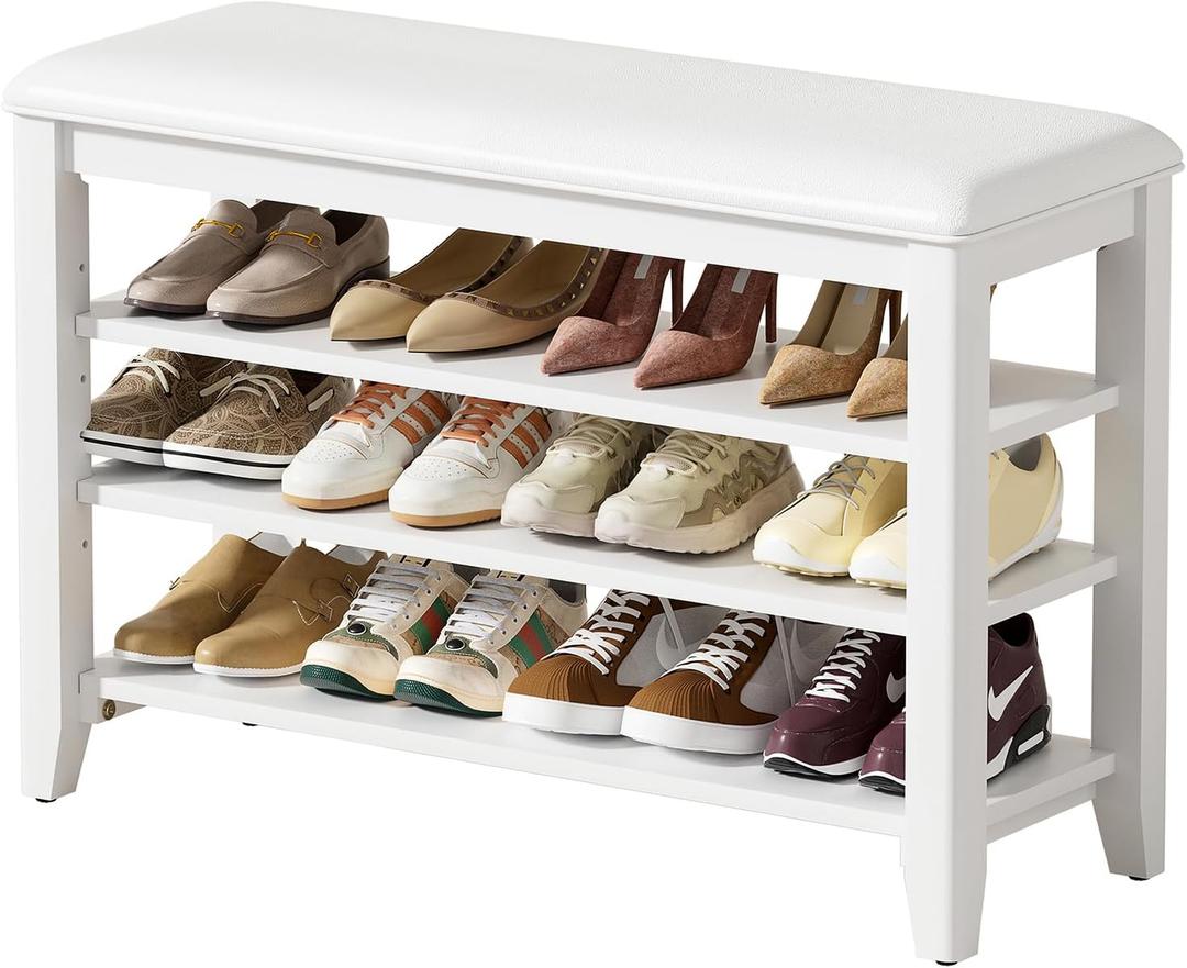 Entryway Shoe Storage Bench with Leather Cushion, Shoe Organizer Bench for Entryway, Ideal for Hallways Front Doors Entrances Mudrooms Featuring Rubberwood And 3 Height-Adjustable & Removable Shelve, White