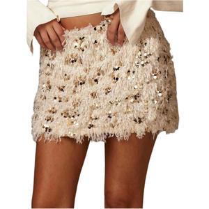 MakeMeChic Women's Shiny Sequin Mini Skirt Furry Faux Fur Bodycon Fall Party Skirts Clubwear (Large, Apricot)