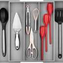 Purawood Kitchen Drawer Organizer - Expandable Utensil Drawer Organizer for Kitchen, Cutlery Tray & Silverware Organizer, 3-5 Slots - Bamboo Organizer for Utensils & Flatware (Grey)