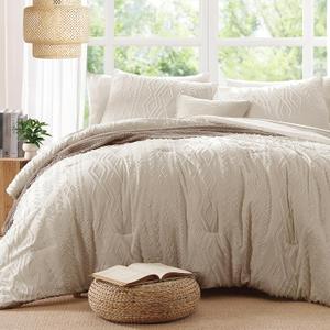 AMBERSPACE King Size Comforter Set Beige, Tufted Boho Bedding Farmhouse Bed Set, All Season 7 Pieces Bed in a Bag with Sheets, Pillowcases & Shams
