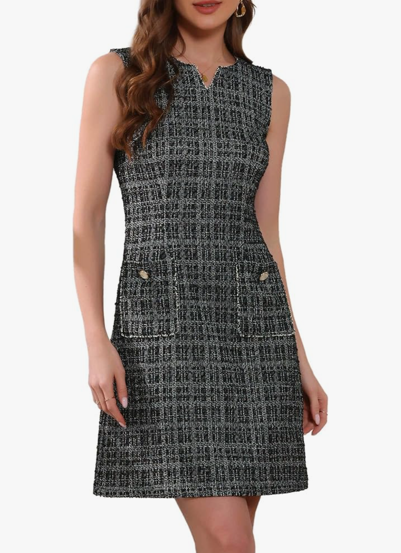 Allegra K Tweed Dress for Women's Elegant Plaid Sleeveless Pockets Zipper Business Casual Work Dresses Size XS