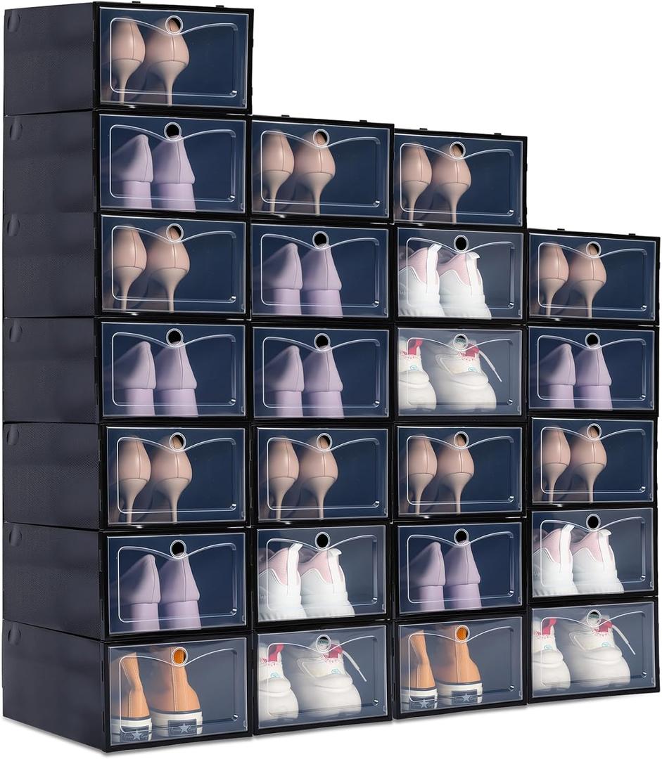 24 Pack Shoe Boxes for Closet Fit Size 9, Stackable Shoe Storage Organizers with Lids Foldable White Plastic Sneaker Containers Display Space Saving, 9.1 x 13 x 5.5 Inches(Black)
