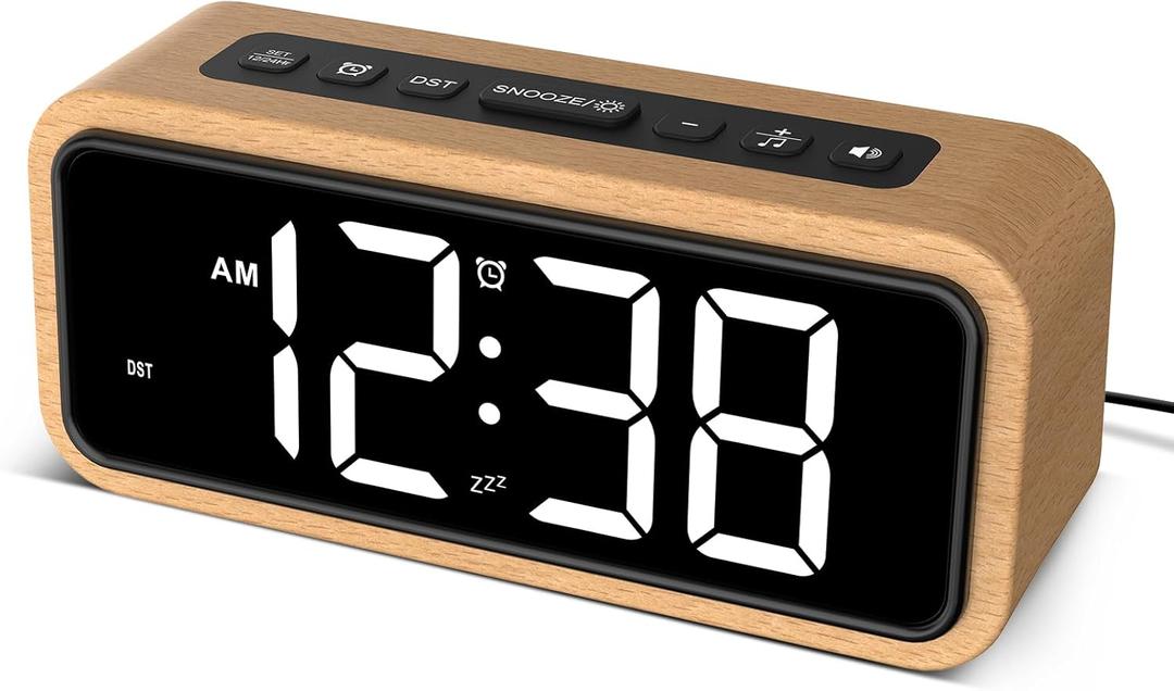 Netzu Wooden Alarm Clock, Loud Digital Plug-in Clock with 5 Volumes, 12 Ringtones, Manual DST, Snooze for Heavy Sleepers Bedroom Wood Decor (White)