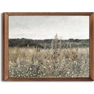 Vintage Flowers Canvas Wall Art,Country Meadow Nature Landscape Painting Posters Prints Rustic Farmhouse,Retro Botanical Wall Decor for Living Room Bedroom Bathroom Home Decor 8x10in Wood Framed