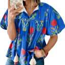 Cicy Bell Womens Boho Floral Blouses Short Puff Sleeve V Neck Babydoll Shirts Flowy Tie Front Tops Blue (L)