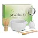 Matcha Whisk Set, Ceramic Matcha Set Includes Matcha Bowl, Matcha Whisk (Chasen) and Holder, Sifter, Bamboo Scoop & Spoon - 6 Pcs Matcha Kit for Matcha Lovers White