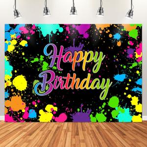 Avezano Glow Neon Birthday Backdrops Glow in The Dark Happy Birthday Party Background Decorations Colorful Graffiti Splash Paint Banner for Kids Birthday Supplies(7x5ft)