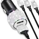 Bling USB Car Charger 5V 2.4A White Crystal Decor Dual Port Fast Adapter with 4ft Nylon Type C Micro USB 3 in 1 Multi Charging Cable for iPhone iPad Android, Auto Interior Accessories for Women