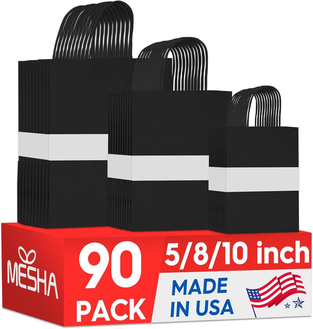 MESHA 90 Pack Black Paper Bags with Handles Bulk, Multiple 3 Assorted Sizes Eco-Friendly Gift Bags for Small Business - Party Favors, Retail, Birthday Goody Bags & Grocery,5/8/10 Inch