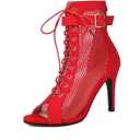 UTIKLIOU Womens Mesh Sandals Peep Toe High Top Sandals Lace Up Summer Boots Buckle Strap Party Sexy Pump Shoes Open toe (Red Size 6)
