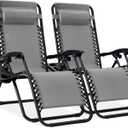 Best Choice Products Set of 2 Adjustable Steel Mesh Zero Gravity Lounge Chair Recliners w/Pillows and Cup Holder Trays - Ice Gray