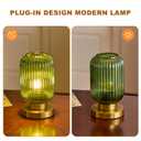 HSMKL Modern Green Ribbed Glass Table Lamps Mid Century Bedside Light Small Nightstand Lamp with Plug-in Style, E26 Night Lighting for Bedroom Living Room Tabletop