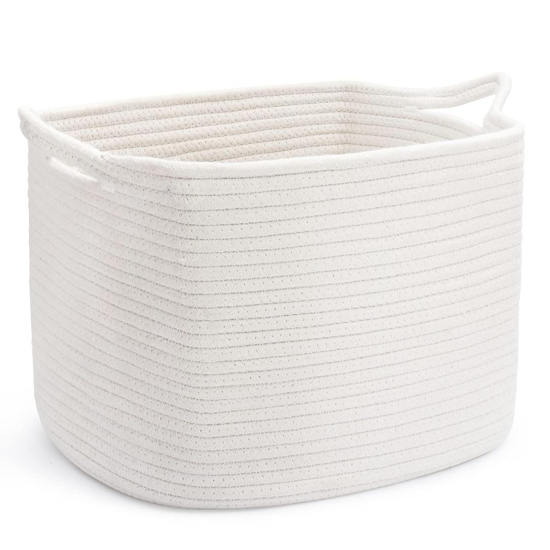 ABenkle Cotton Rope Storage Basket, Decorative Organizer with Handles, Rectangle Baby Nursery Baskets for Shelves Closet, 13.5x11x9.5-Inches, White
