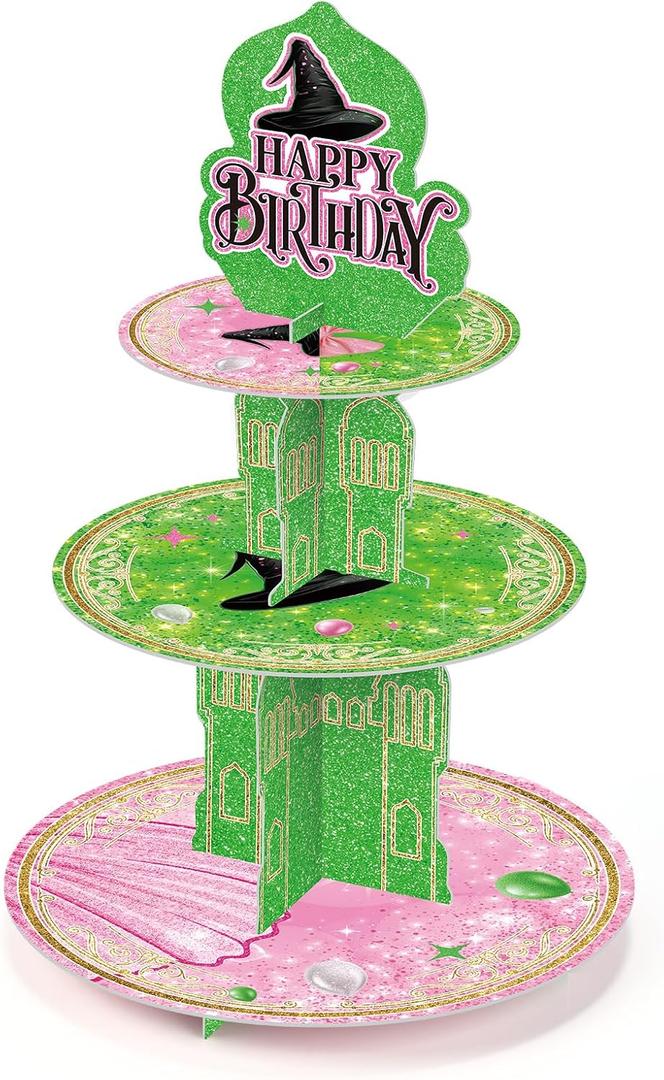 Baderke 3 Tier Pink and Green Cupcake Stand Witch Themed Happy Birthday Decoration Desert Tower Cake Stand with Topper Women Party Cupcake Display Holder Table Centerpiece Supplies