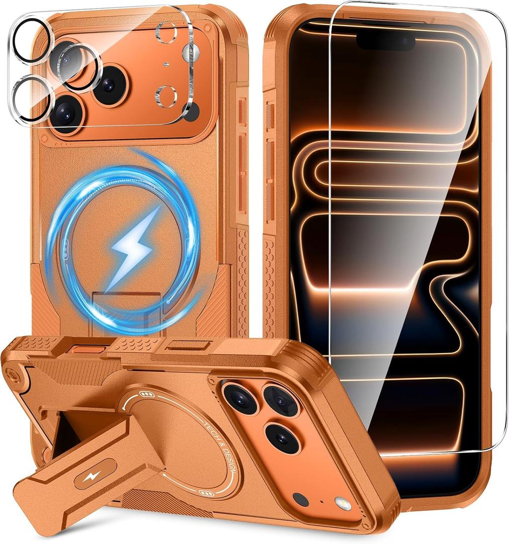 Caka for iPhone 17 Pro Max Case 3-in-1 with Invisible Kickstand, MagSafe Compatible Magnetic Phone Case with HD Screen Protector & Camera Lens Protector, Heavy Duty Shockproof Cover (Orange)