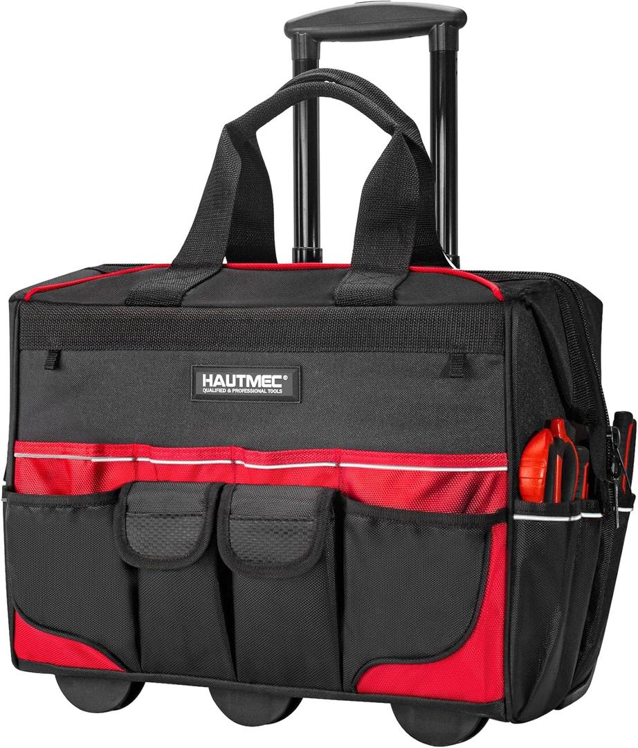 HAUTMEC 18" Rolling Tool Bag with Wheels, 23-Pocket Portable Tool Box Organizer with Water-Resistant Oxford Fabric, Wide-Mouth Design, Oversized Wheels & Telescoping Handle - HT0059 (18-Inch | Red)
