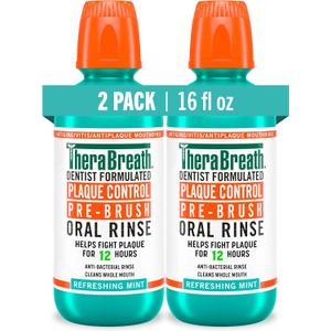 TheraBreath Plaque Control Pre-Brush Oral Rinse, Refreshing Mint Flavor, Antigingivitis and Antiplaque Rinse, Dentist Formulated, Alcohol Free, 16 Fl Oz (Pack of 2), BBD: 10/2026