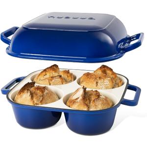 QuadPro Enamelled Cast Iron Bread Loaf Pot – Dutch Oven for Sourdough Bread Baking – 500°F Oven Safe Non Stick Bread Pot – 4 Round Loaf Spaces (4.90-inch Diameter), Dark Blue – by Nuovva