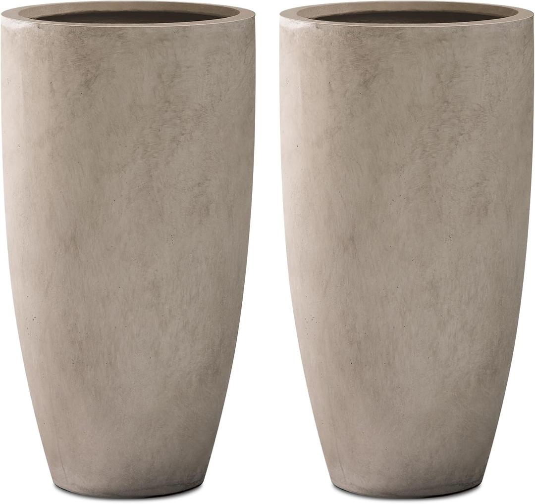 Kante 23.6" H Weathered Concrete Tall Planters (Set of 2), Large Outdoor Indoor Decorative Plant Pots with Drainage Hole and Rubber Plug, Modern Style for Home and Garden