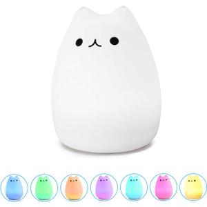 WoneNice Cute Kitty Night Light, Rechargeable Silicone Cute Lamp with Warm White & 7-Color Breathing Modes, Touch Sensor Control, Gift for Women Mom Teen Girls Kids Toddler Baby