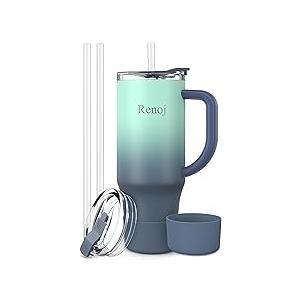 Renoj Tumbler with Handle 100% Leak Proof Insulated Water Bottle for Iced Coffee & Hot Drinks - Fits Car Cup Holder, Ideal Gift, 2 Straws & Silicone Boot BPA-Free - SnapShift Blue Gradient 32 oz