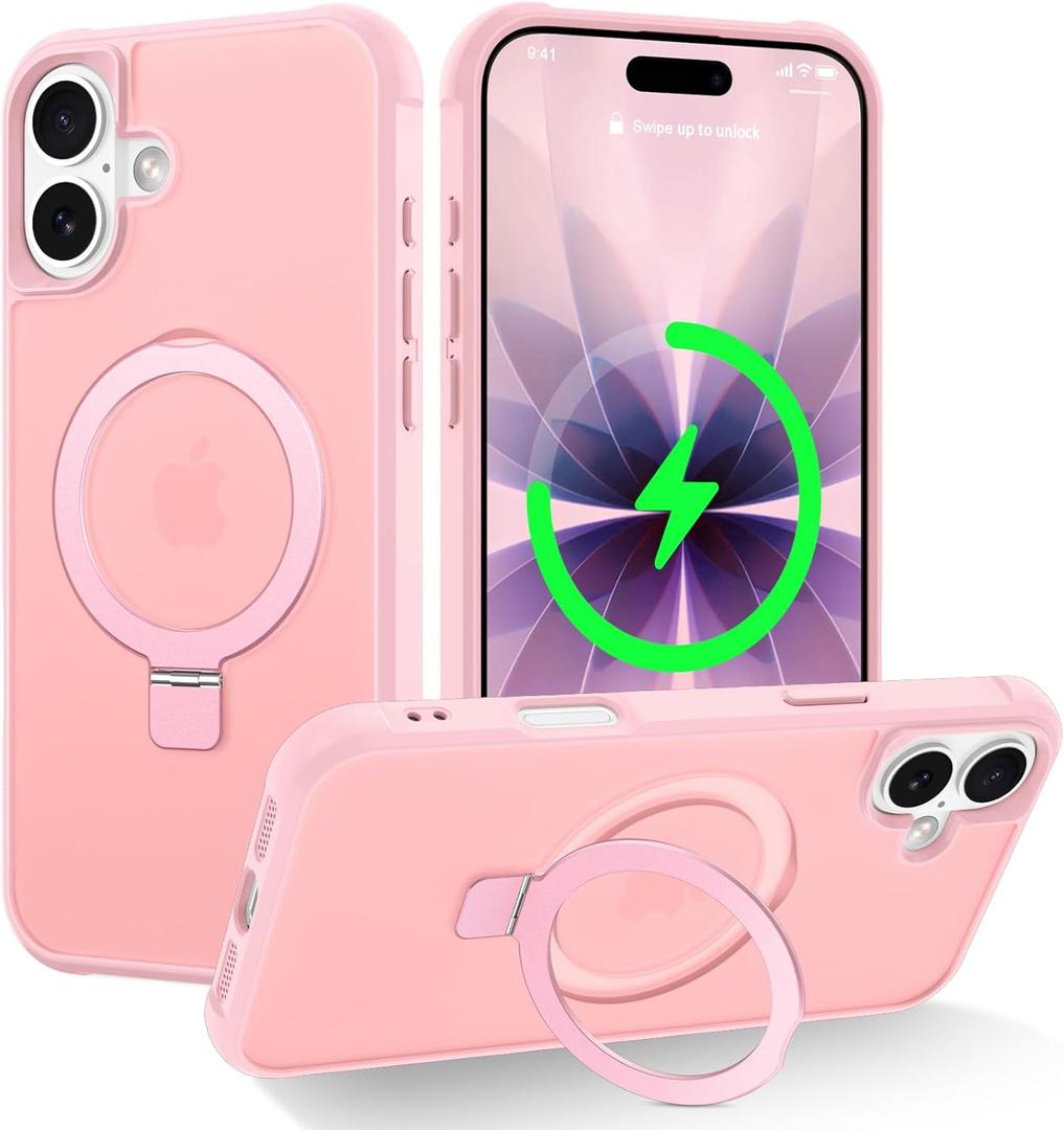 CHAOFEnG Magnetic Compatible with iPhone 17 Case with Stand [Military Grade Drop Tested][Compatible with Magnet] Ring Translucent Slim Hard Back Soft Edge, Pink