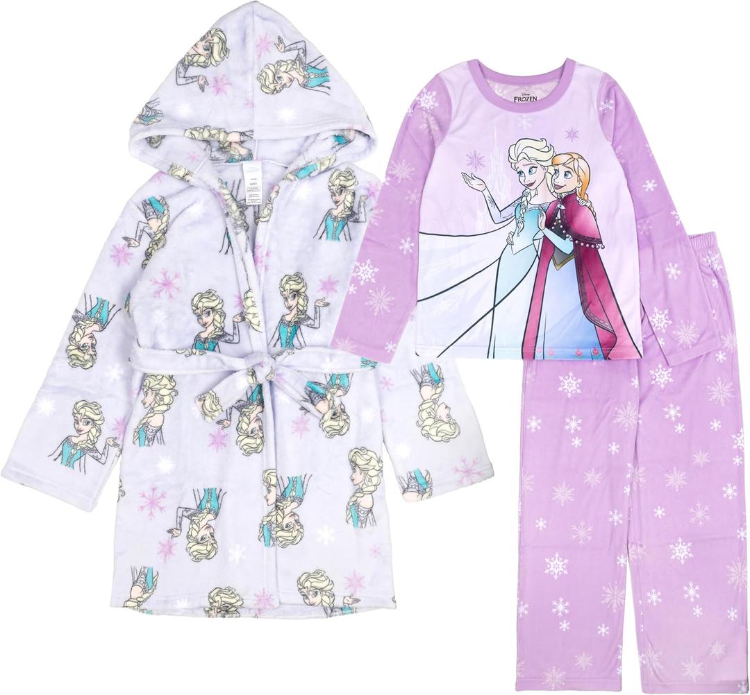 Disney Girls' 3-piece Bathrobe & Loose-fit Pajama Set, Soft & Cute for Kids (4T, Frozen Sisters)