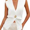 Cicy Bell Womens V Neck Sweater Vest Dressy Casual Knit Sleeveless Shirts Slim Fit Lightweight Button Fall Tops White, Medium
