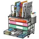 BOHDK Mesh Desk Organizer, 3-IN-1 Desktop Organizer with 4 Tier Tray and 5 Upright Sections, File Organizer for Desk with Sliding Drawer, Black