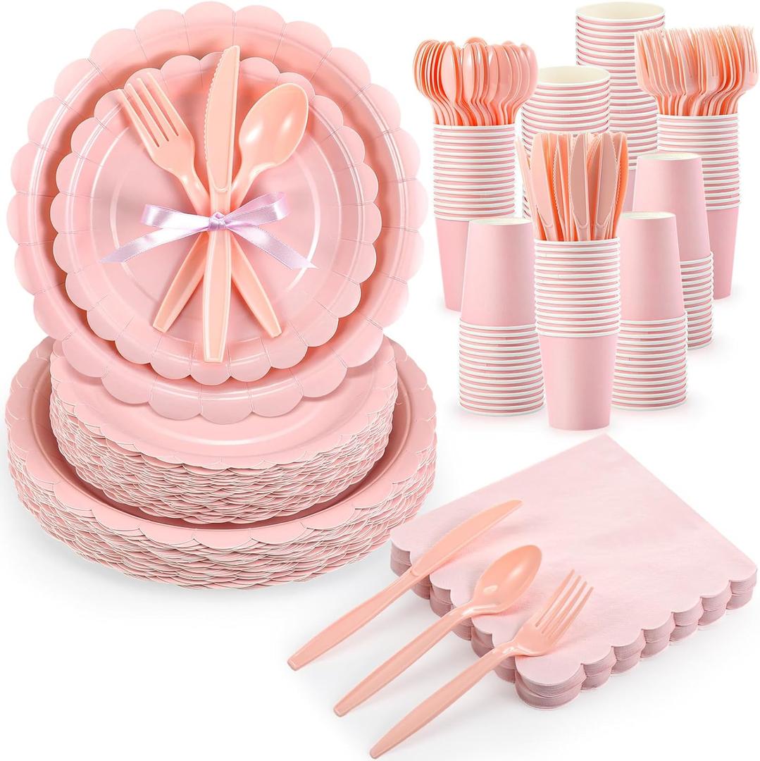 350 Pcs Light Pink Plates and Napkins, 50 Guest Spring Party Supplies Include Scalloped Paper Plates Napkins Cups Plastic Spoons Forks Knives Disposable Tableware Set for Baby Shower