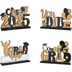 Graduation Party Decorations, 4 Pieces Class of 2025 Grad Congratulate Wooden Centerpieces, Table Toppers for High School College Graduation Party Prom Favor Supplies Photo Booth Props, Black