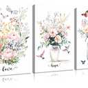 3Pcs Framed Wildflowers Canvas Wall Art Modern Christian Love Hope Faith Poster Print Bible Verses Floral Picture Flowers Butterfly Hummingbird Painting Wall Decor for Bedroom Living Room 24x16in (24L" x 16W", White)
