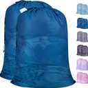 Polecasa Extra Heavy Duty Large Diamond Mesh Laundry Bags with Drawstring Closure & ID Tag, 2 Pack 24 x 36 inches Washable Storage Bag for College, Travel, Sports, Dorms, Blue