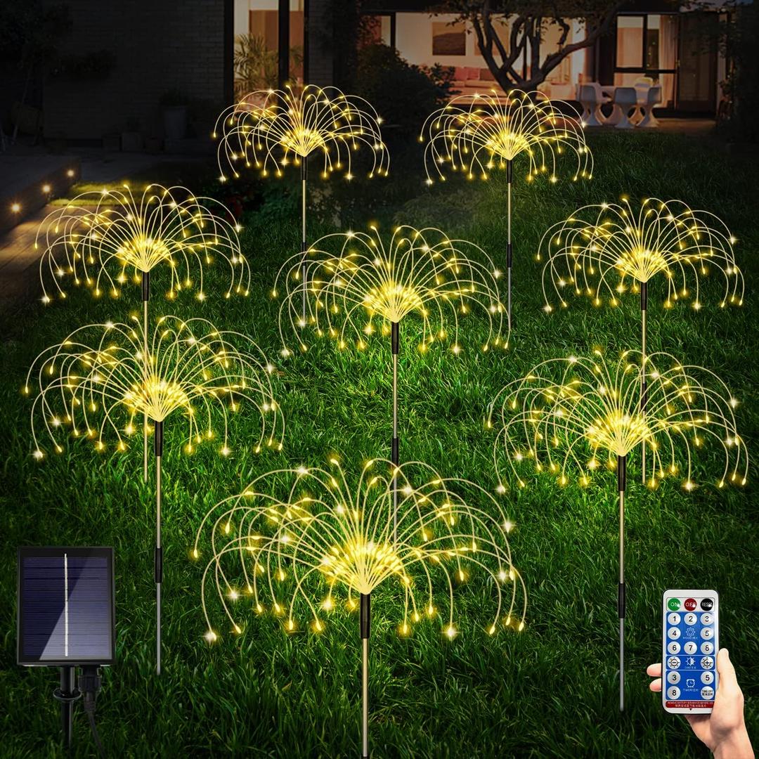 Maleyt Solar Garden Lights 8 Pack, Solar Powered Outdoor Decorative Lamps, 120 LED Solar Firework Lights with Remote Control, 8 Modes Waterproof DIY Landscape Lighting for Backyard Garden Decoration (Warm White)